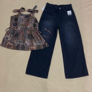Printed Sleeveless Top and wide-leg Jeans(**Adjustable Top)