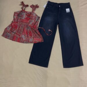 Printed Sleeveless Top and wide-leg Jeans(**Adjustable Top)