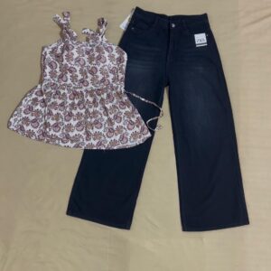 Printed Sleeveless Top and wide-leg Jeans(**Adjustable Top)