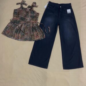 Printed Sleeveless Top and wide-leg Jeans(**Adjustable Top)