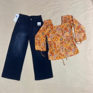 Printed Ethnic Short Kurti And Denim Jeans Combo(**Free Size Adjustable Kurti )