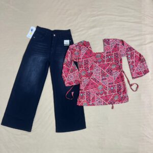 Printed Ethnic Short Kurti And Denim Jeans Combo(**Free Size Adjustable Kurti )
