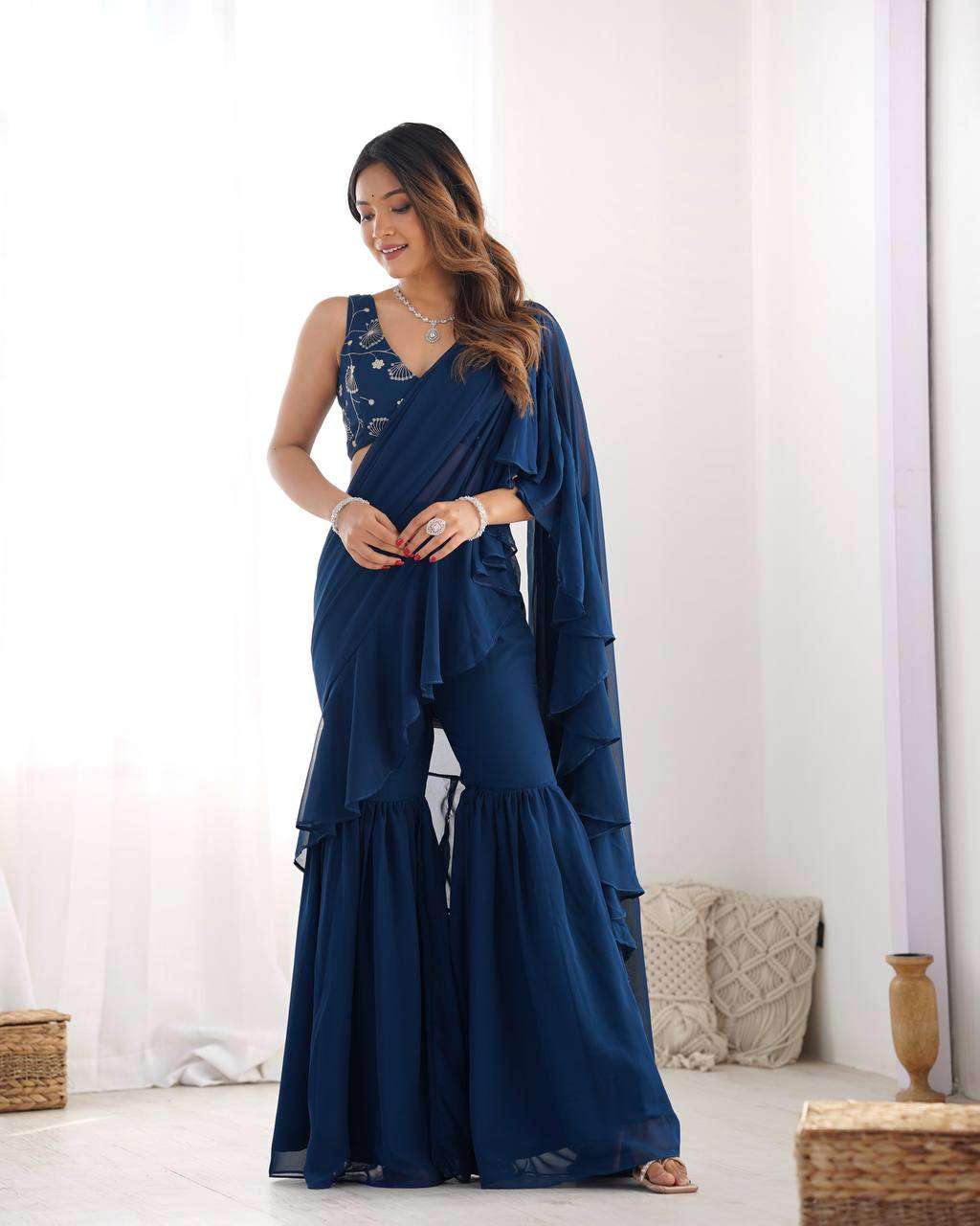 Women’s Pure Romansilk Chanderi Embroidered Crop Top With Ruffled Sharara & Draped Dupatta Set