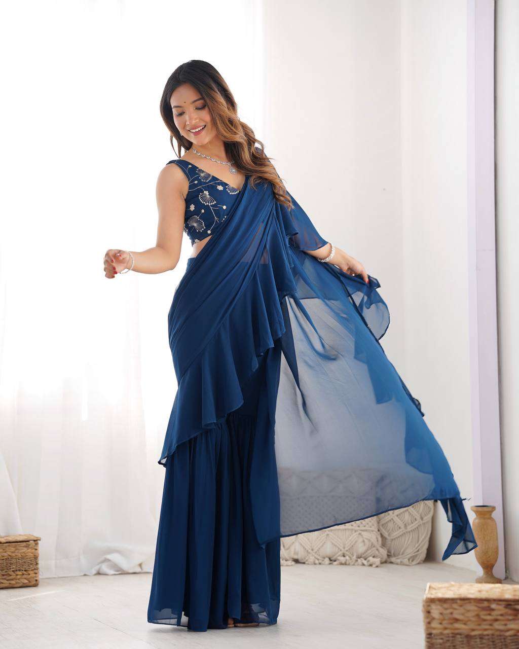 Women’s Pure Romansilk Chanderi Embroidered Crop Top With Ruffled Sharara & Draped Dupatta Set - Image 3