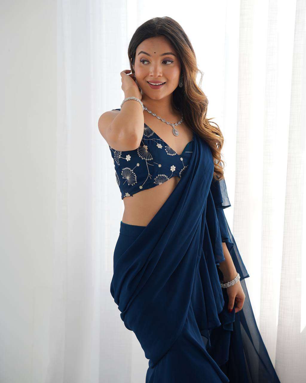 Women’s Pure Romansilk Chanderi Embroidered Crop Top With Ruffled Sharara & Draped Dupatta Set - Image 4