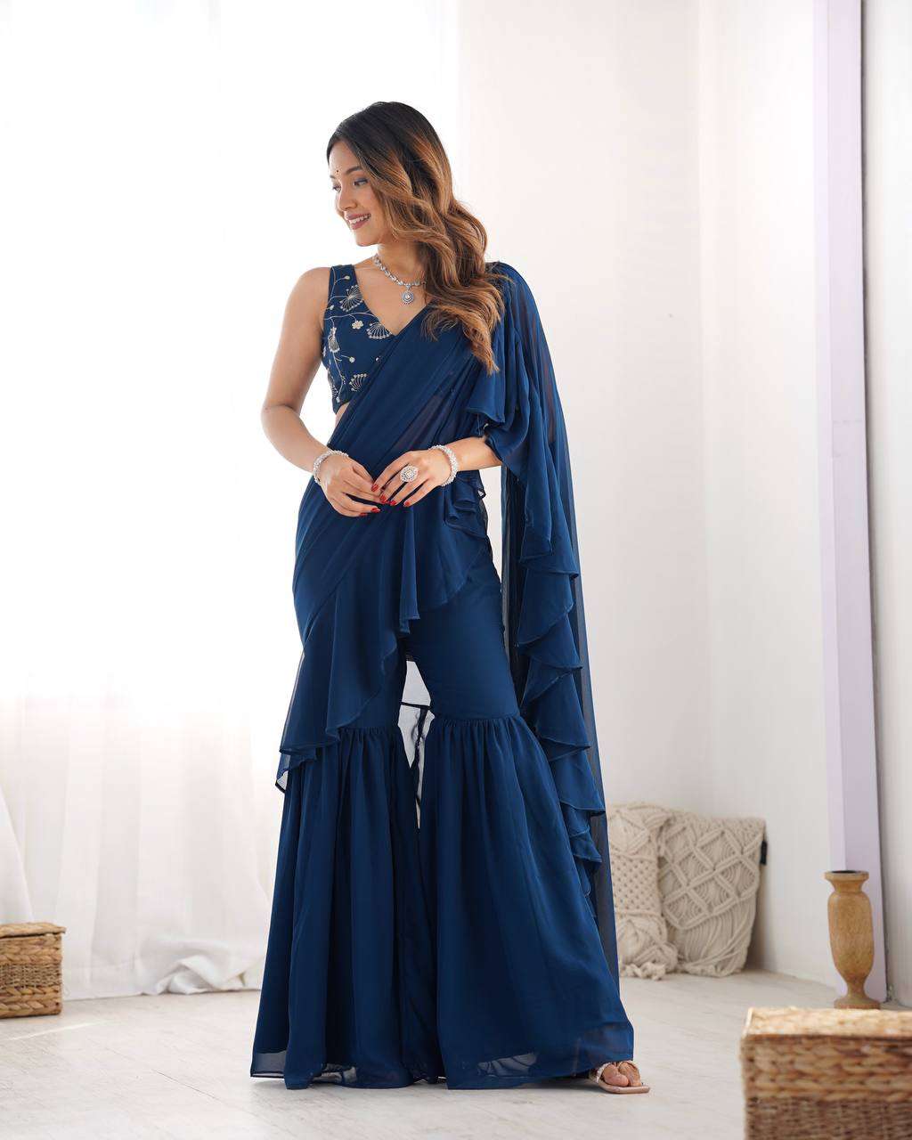 Women’s Pure Romansilk Chanderi Embroidered Crop Top With Ruffled Sharara & Draped Dupatta Set - Image 5