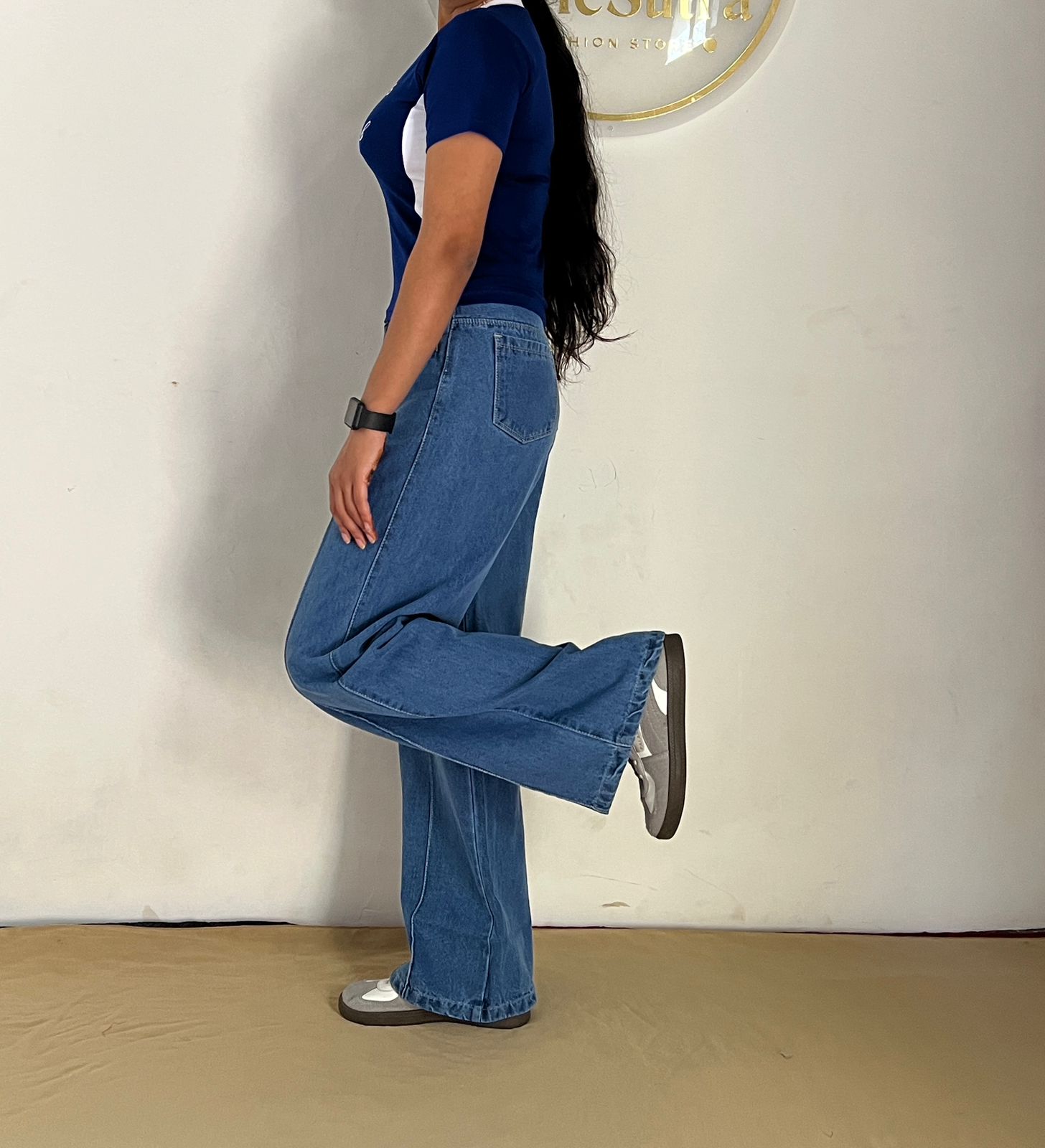 Women’s Blue Crop Top & Wide Leg Jeans Co-Ord Set(**Free size top) - Image 2
